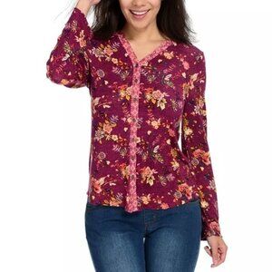 Farmer's Market by One World Top Plus Size 3X Floral Jersey Knit Button Up